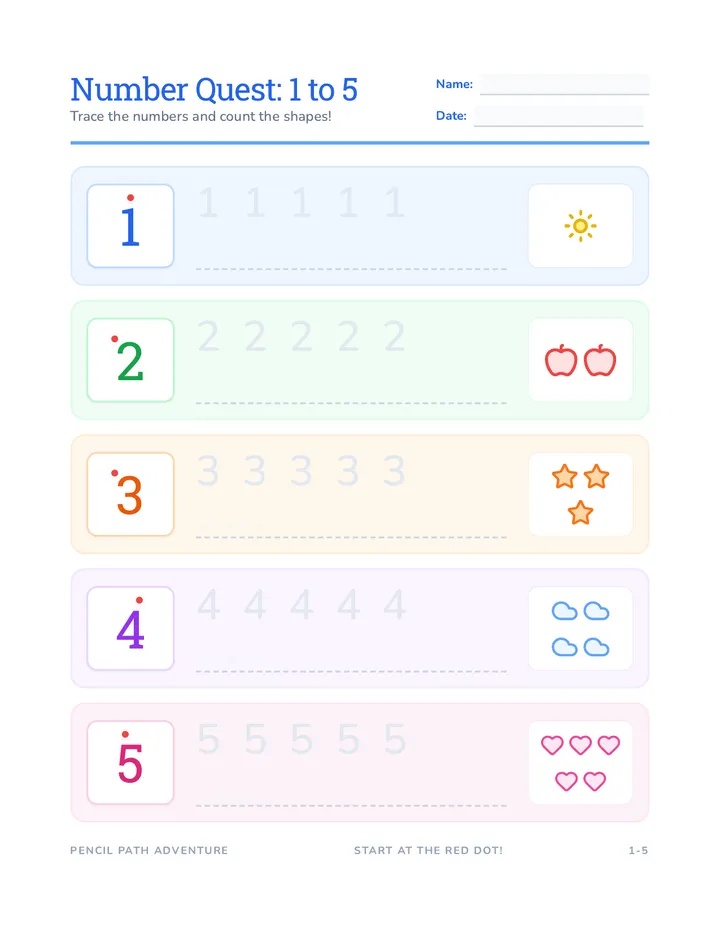Number Trace 1 to 5 Worksheet