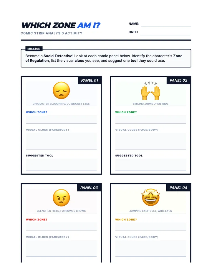 Which Zone Am I Comic Strip Activity Worksheet