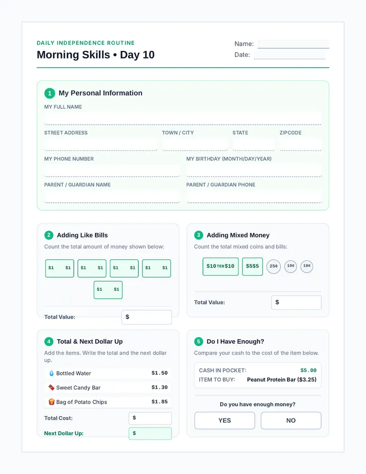 Morning Skills Day 10 Worksheet