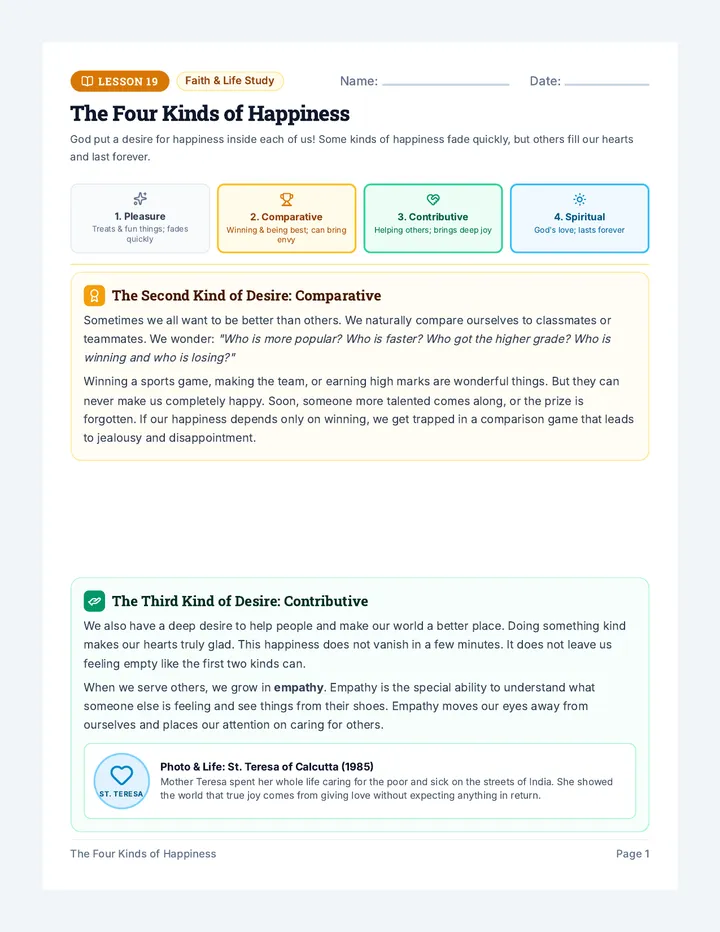 Four Kinds of Happiness Worksheet