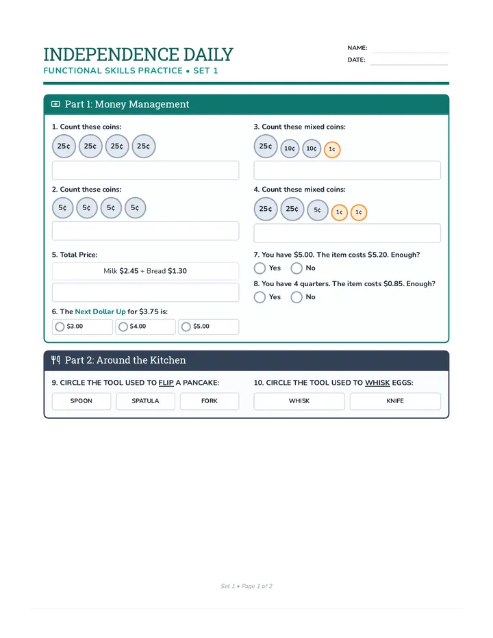 Independence Daily Worksheet 1