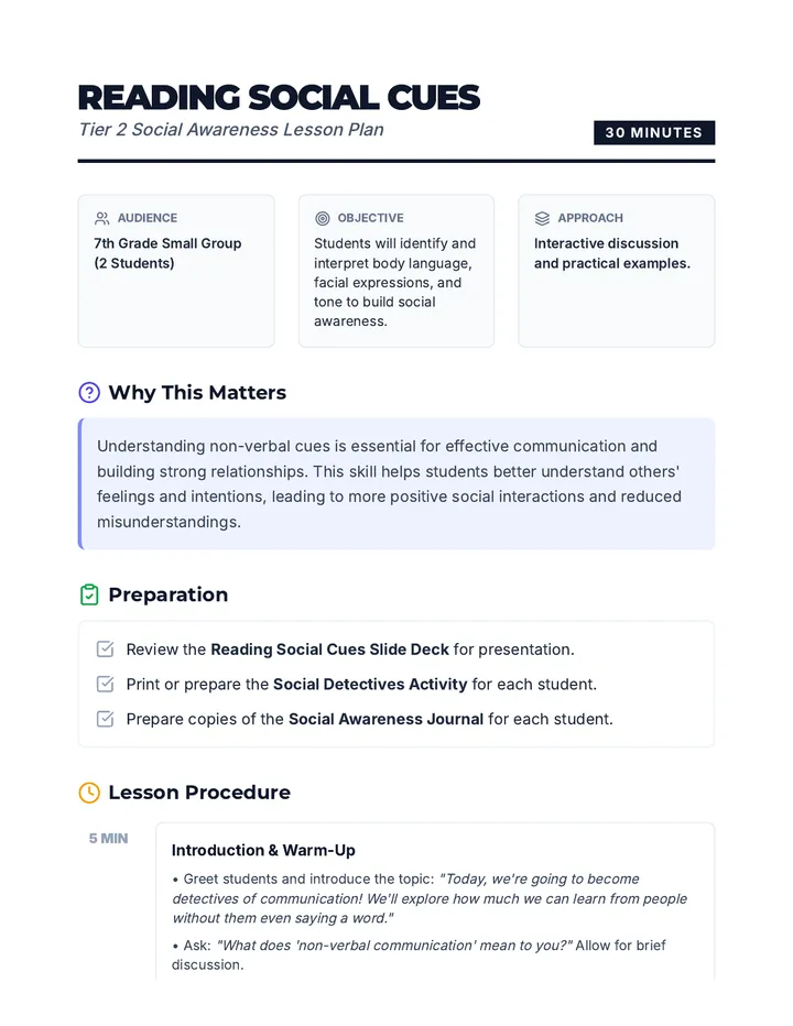 Reading Social Cues Lesson Plan