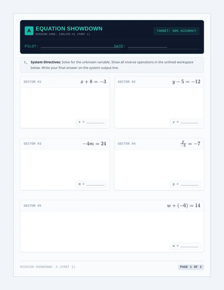 Equation Showdown Worksheet A