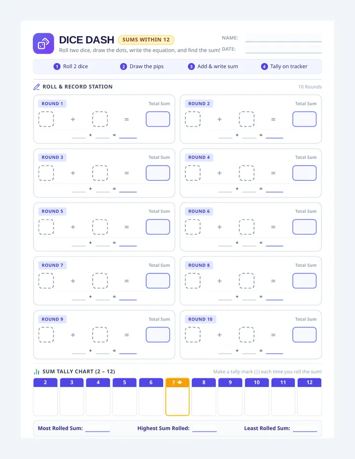 Dice Dash Worksheet