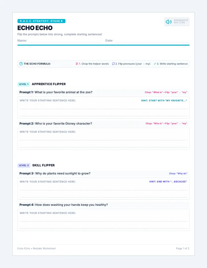 Echo Echo Worksheet