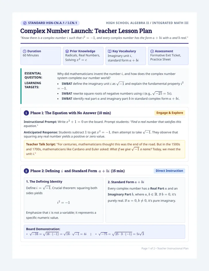 Complex Number Lesson Plan