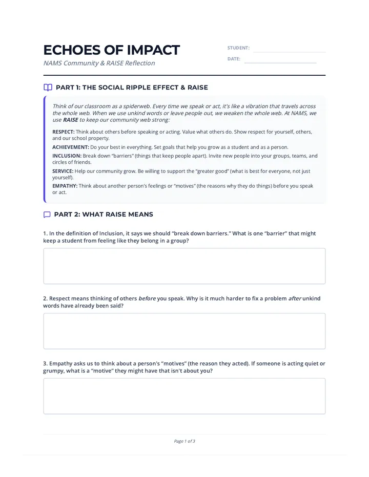 Echoes of Impact RAISE Reflection Sheet 6th Grade page 1