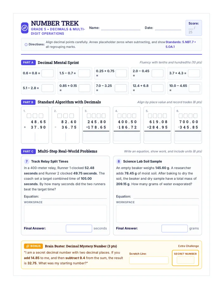 Number Trek Worksheet