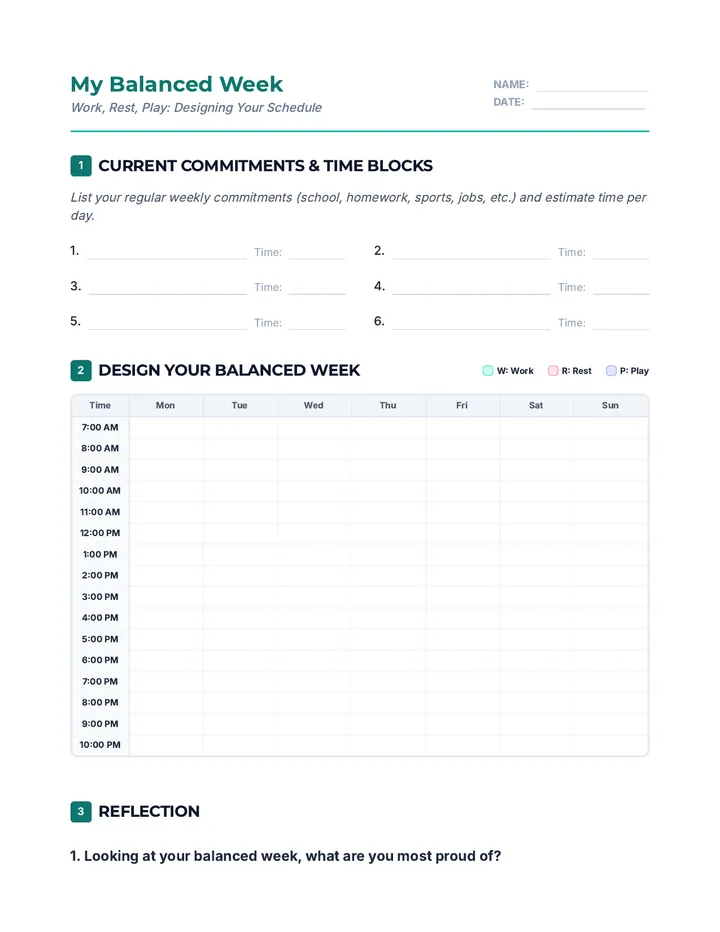 My Balanced Week Worksheet