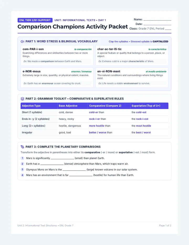 Comparison Champions Activity Packet
