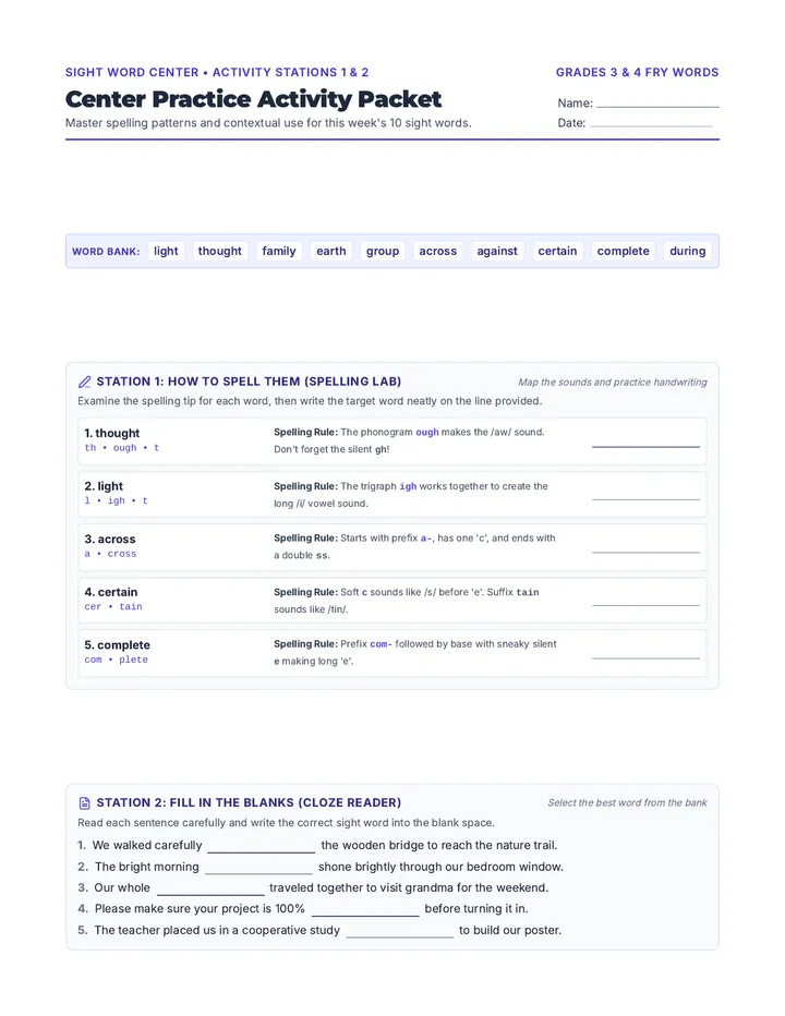 Center Practice Activity Packet