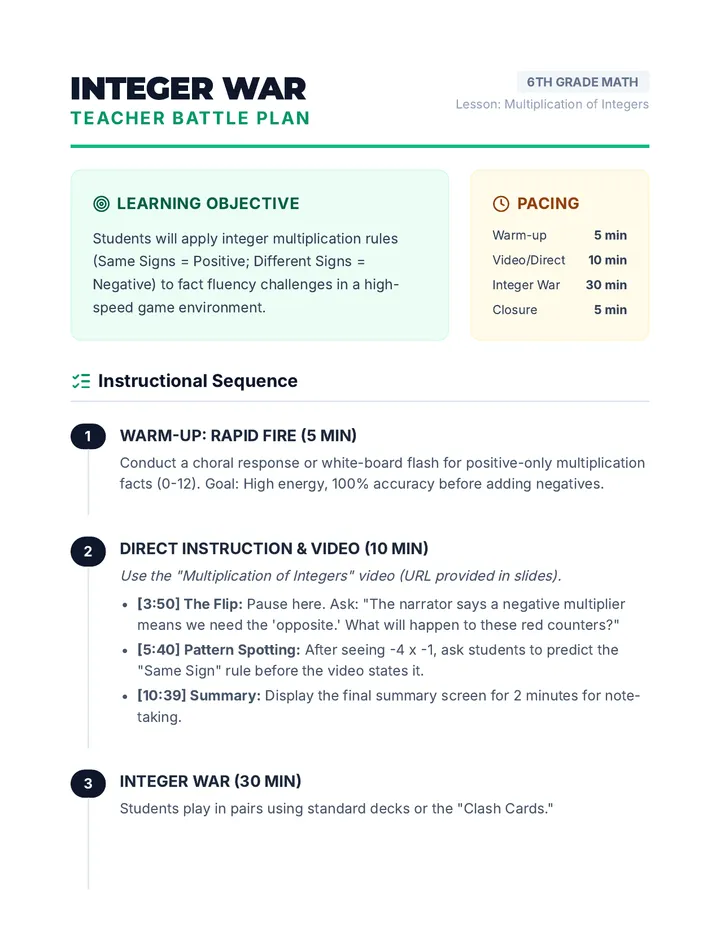 Integer War Teacher Guide