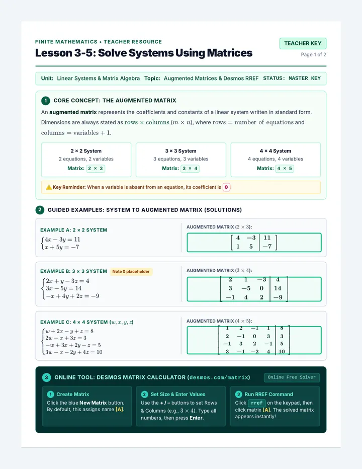 Lesson 3-5 Solve Systems Using Matrices Key
