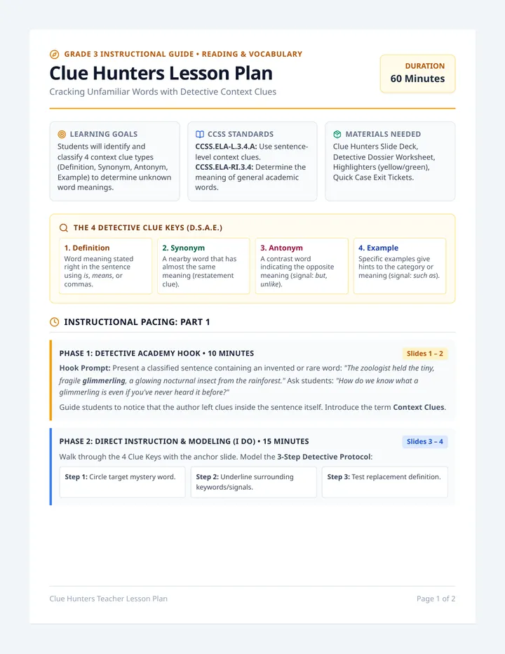 Clue Hunters Lesson Plan