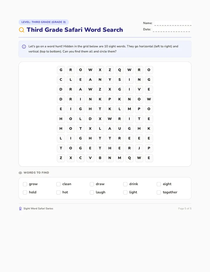 Third Grade Safari Word Search