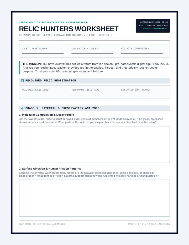 Relic Hunters Worksheet