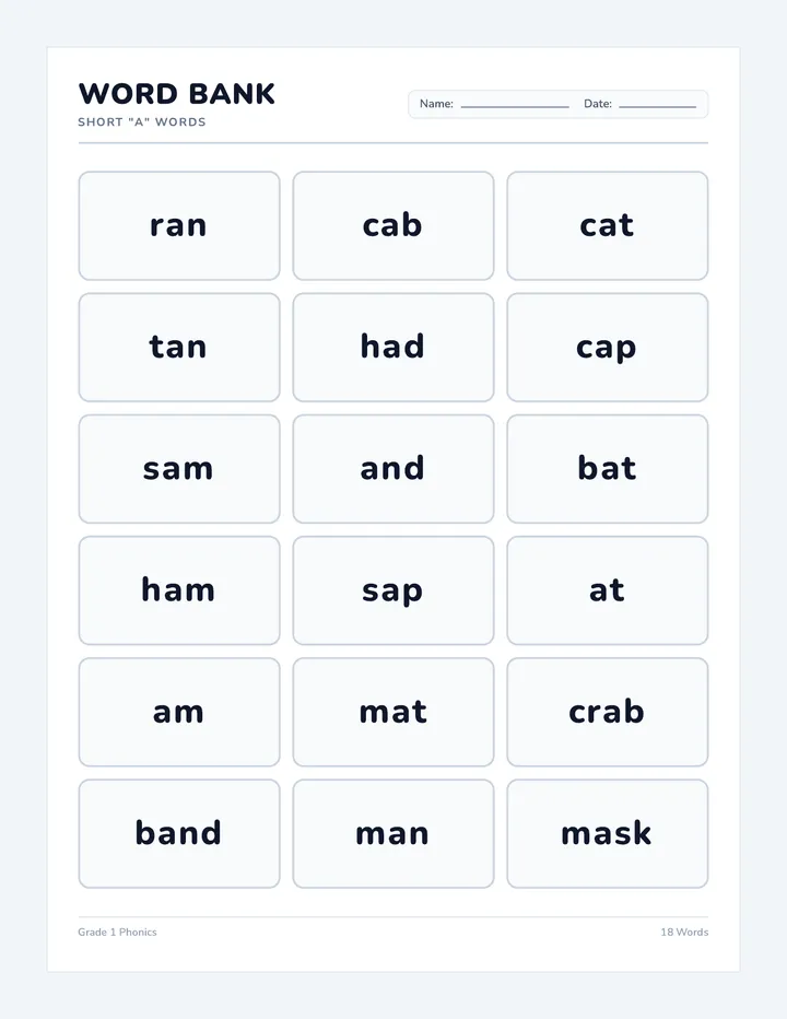 Short A Word Bank Sheet