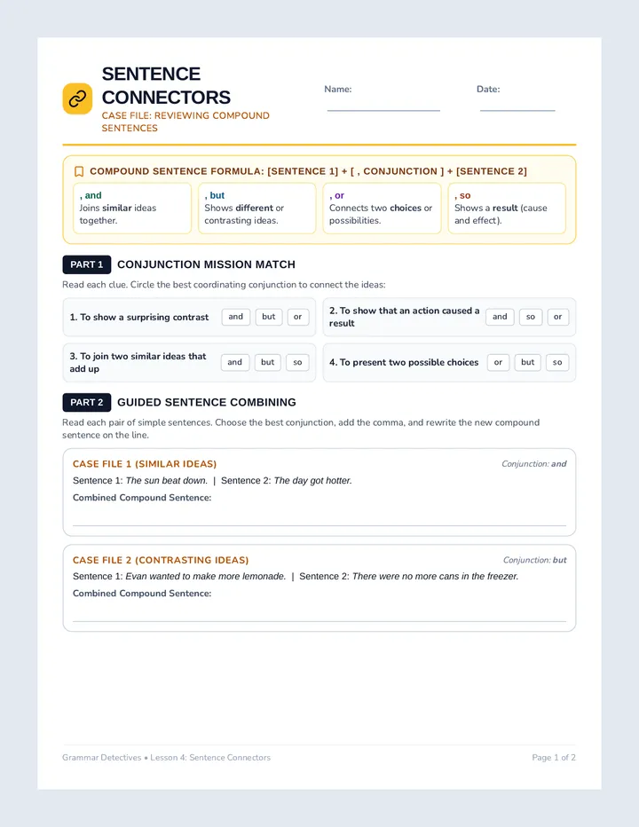 Sentence Connectors Worksheet