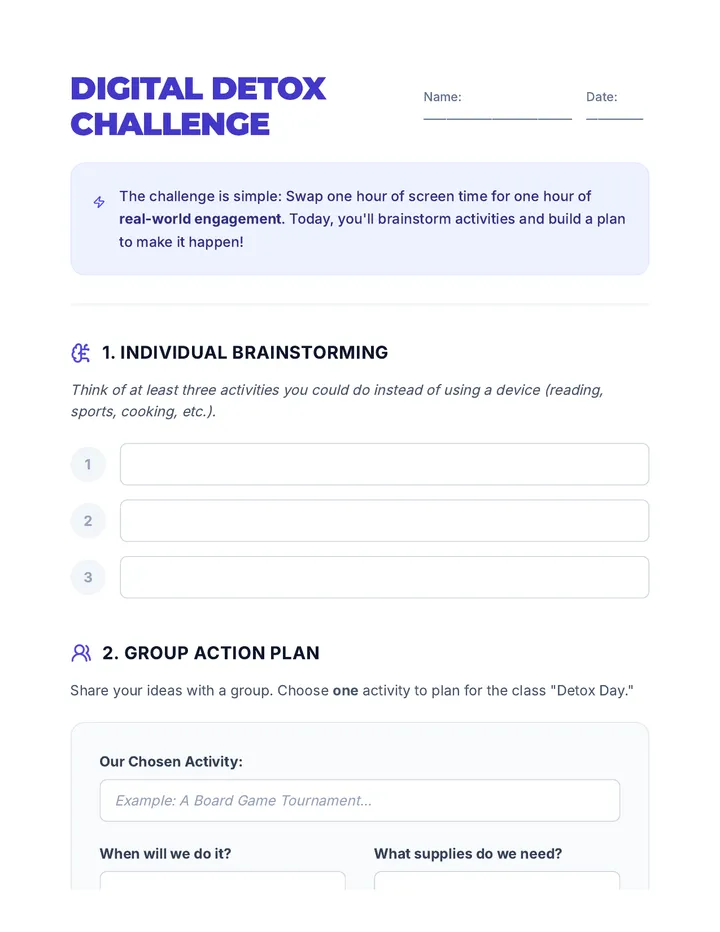 Digital Detox Challenge Worksheet
