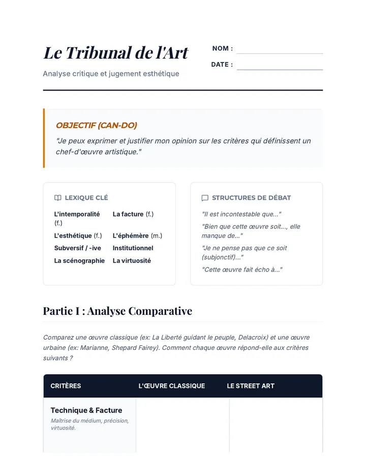 Tribunal de l'Art Worksheet