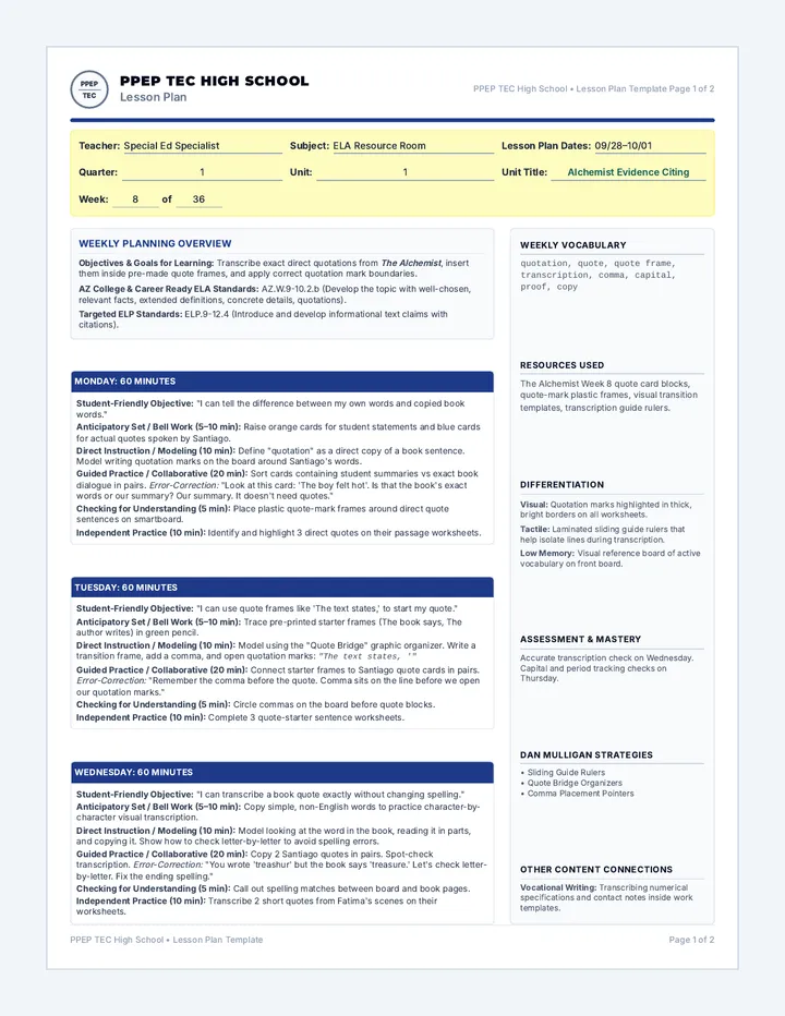 Alchemist Evidence Lesson Plan