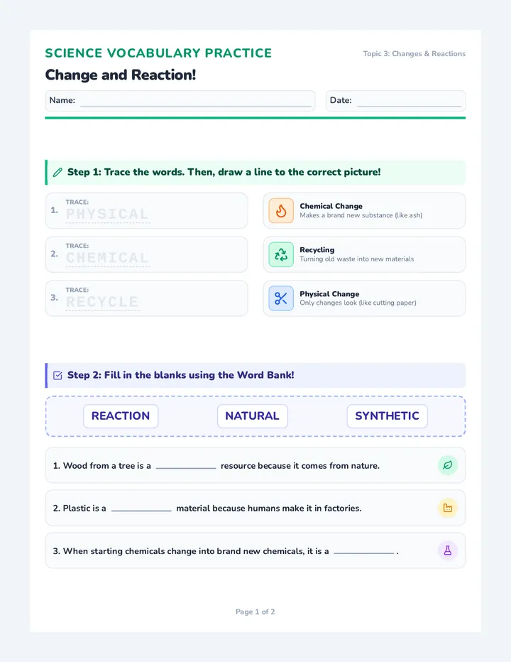 Change and Reaction Worksheet