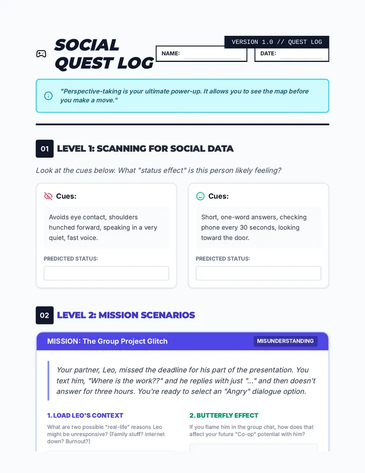 Social Quest Log Worksheet