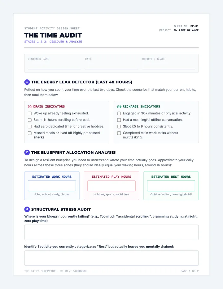 Daily Blueprint Activity Sheet