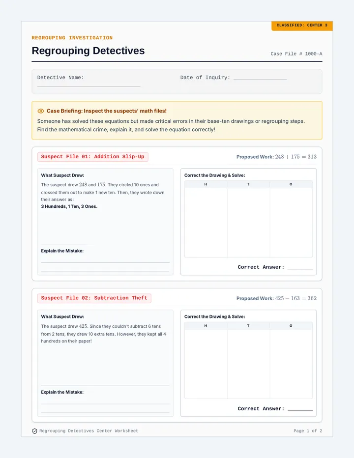 Regrouping Detectives Worksheet