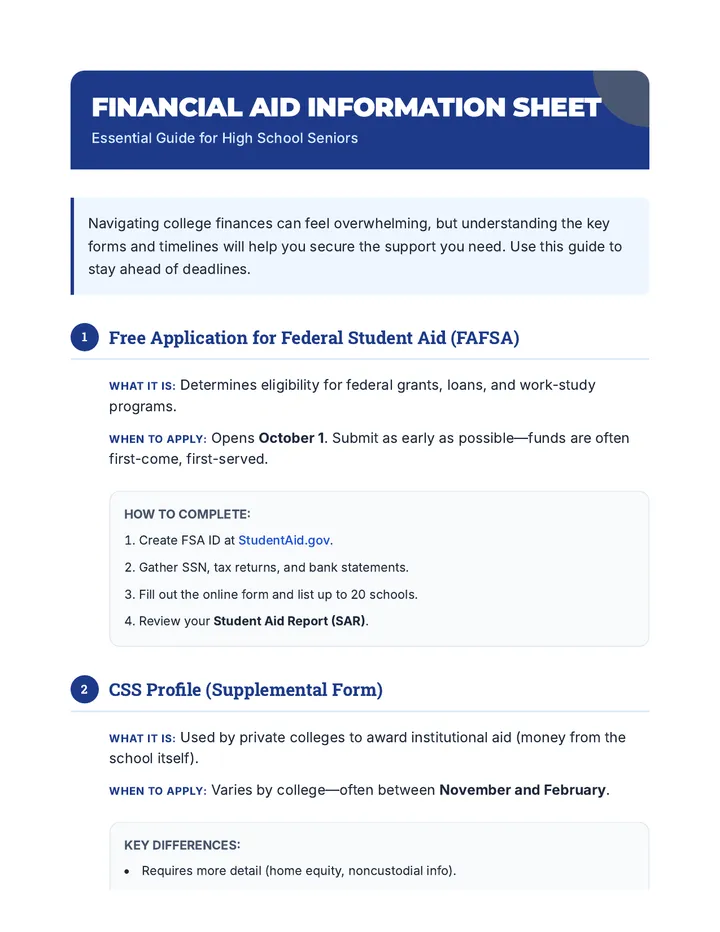Financial Aid Information Sheet Reading