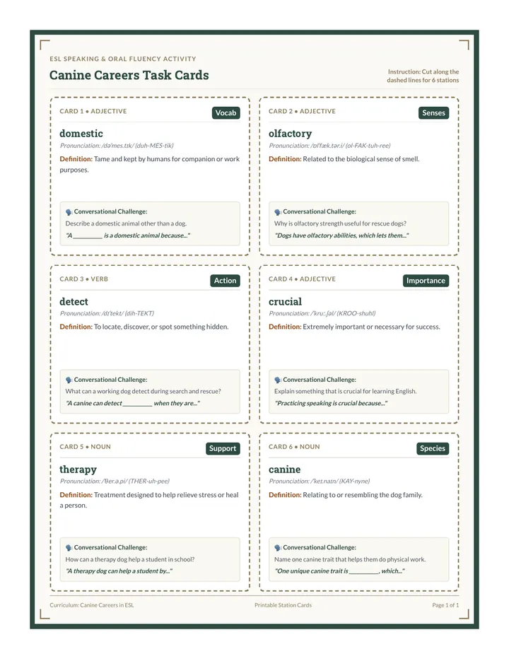 Canine Career Vocabulary Task Cards