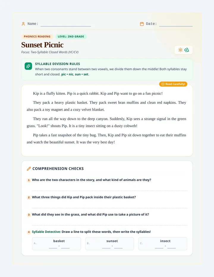 Sunset Picnic Worksheet page 1