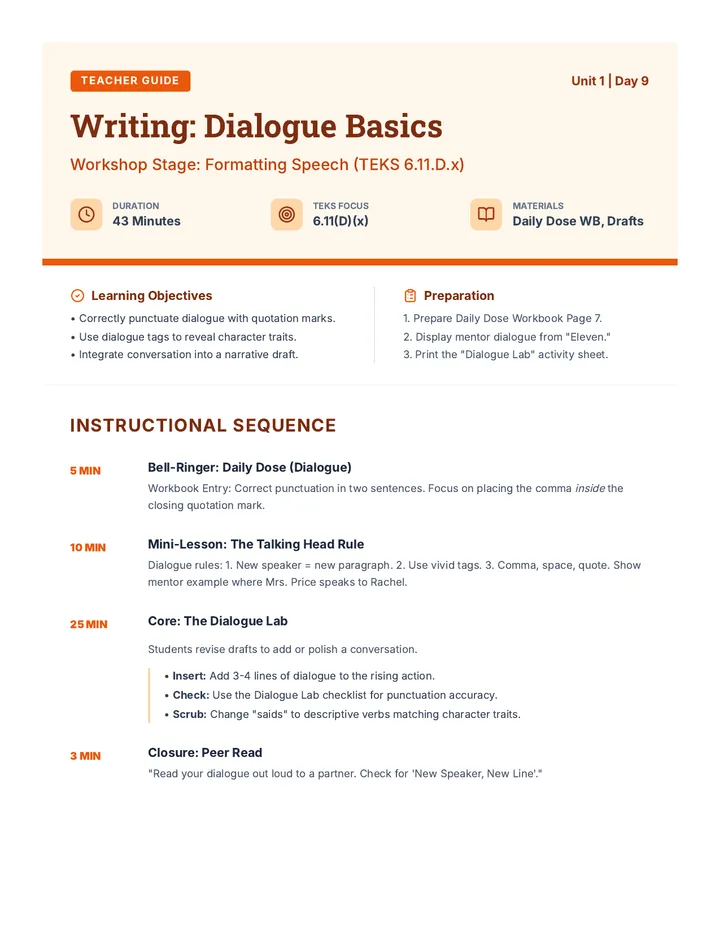Writing Day 9 Teacher Guide