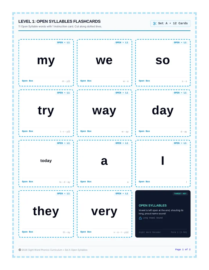 Sight Word Level 1 Open and Teams Cards