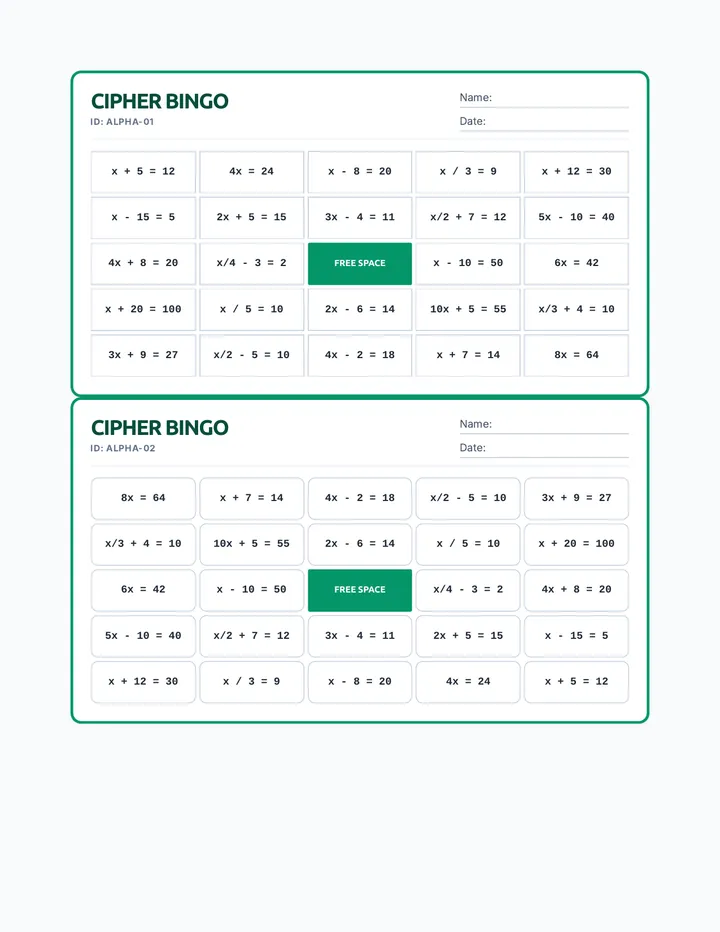 Cipher Bingo Boards Trimmed