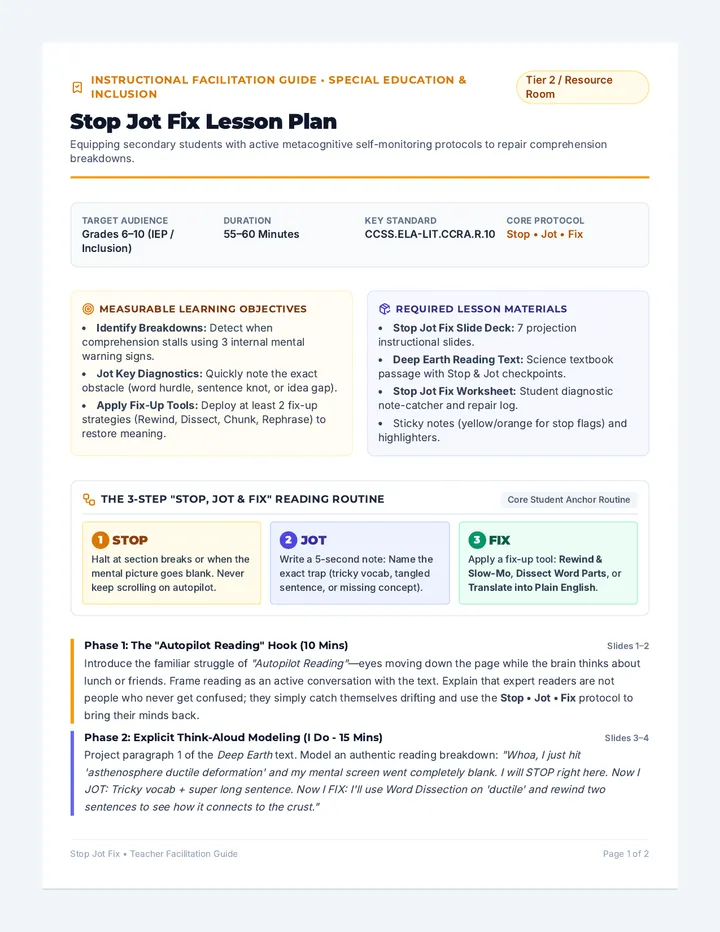 Stop Jot Fix Lesson Plan