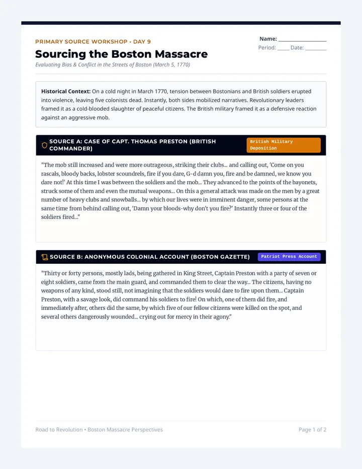 Boston Massacre Perspectives Worksheet