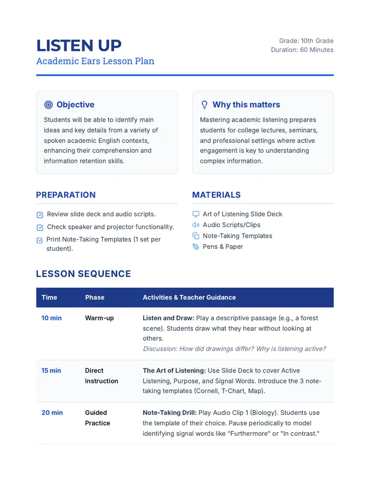 Academic Ears Lesson Plan