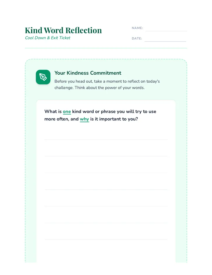 Kind Word Reflection Exit Ticket