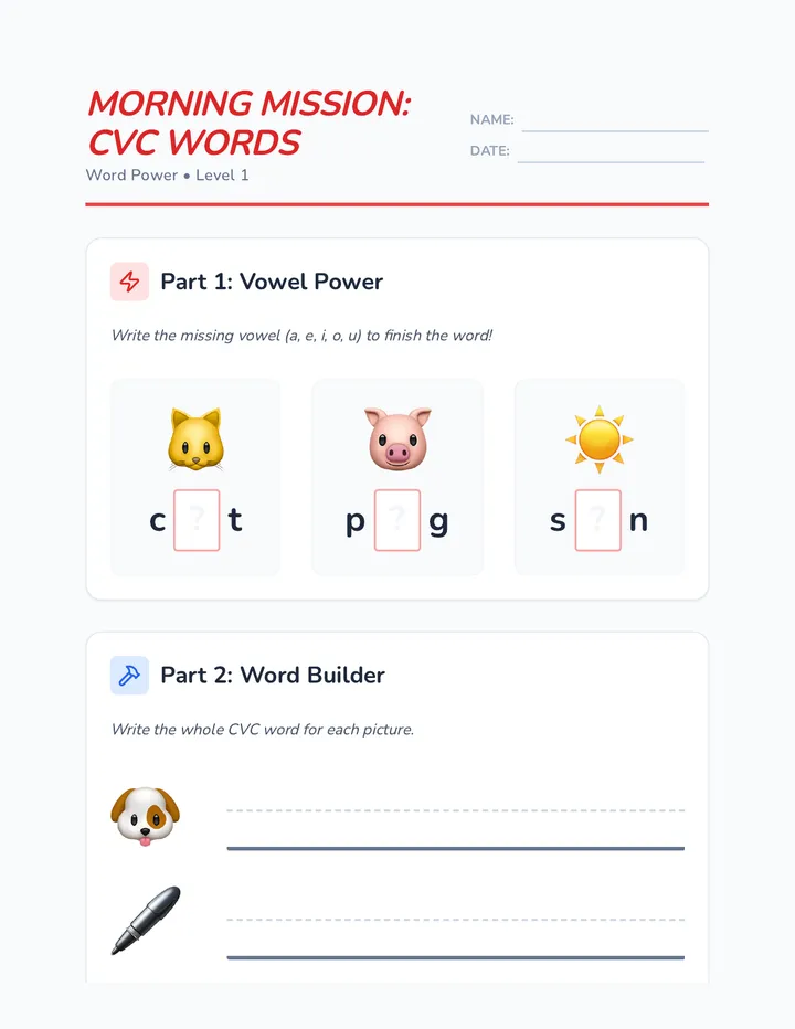 CVC Word Mission Worksheet