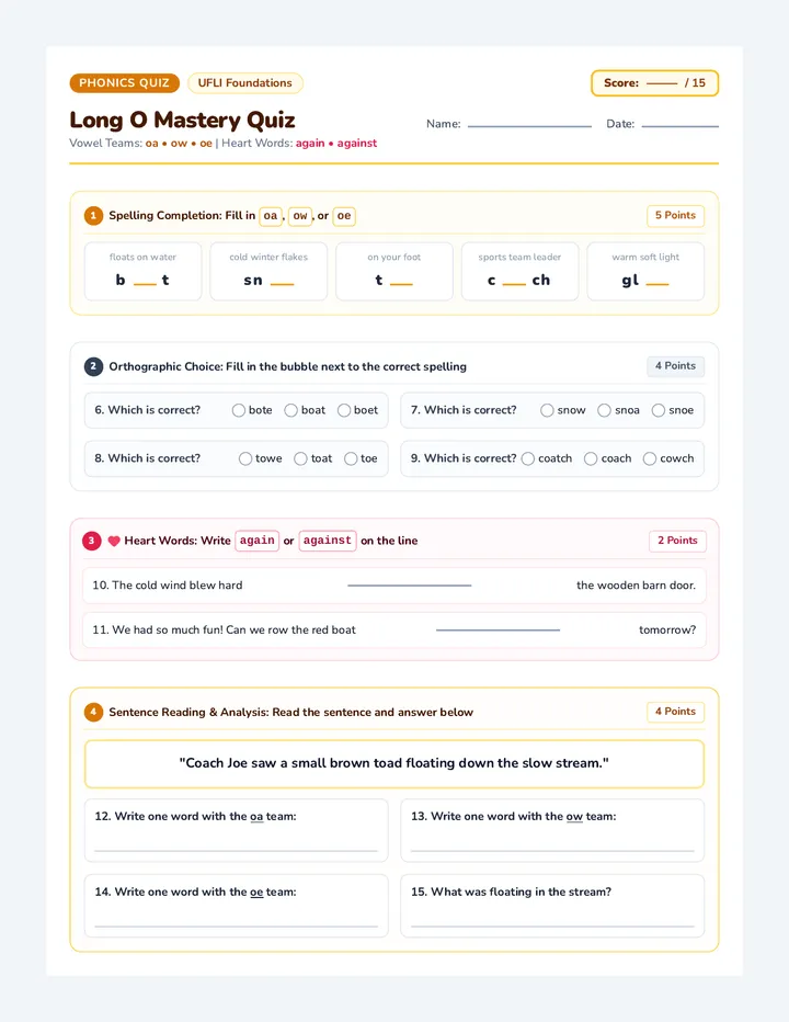 Long O Mastery Quiz