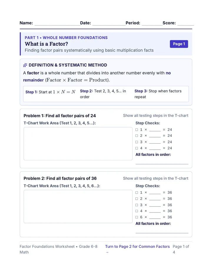 Factor Foundations Worksheet