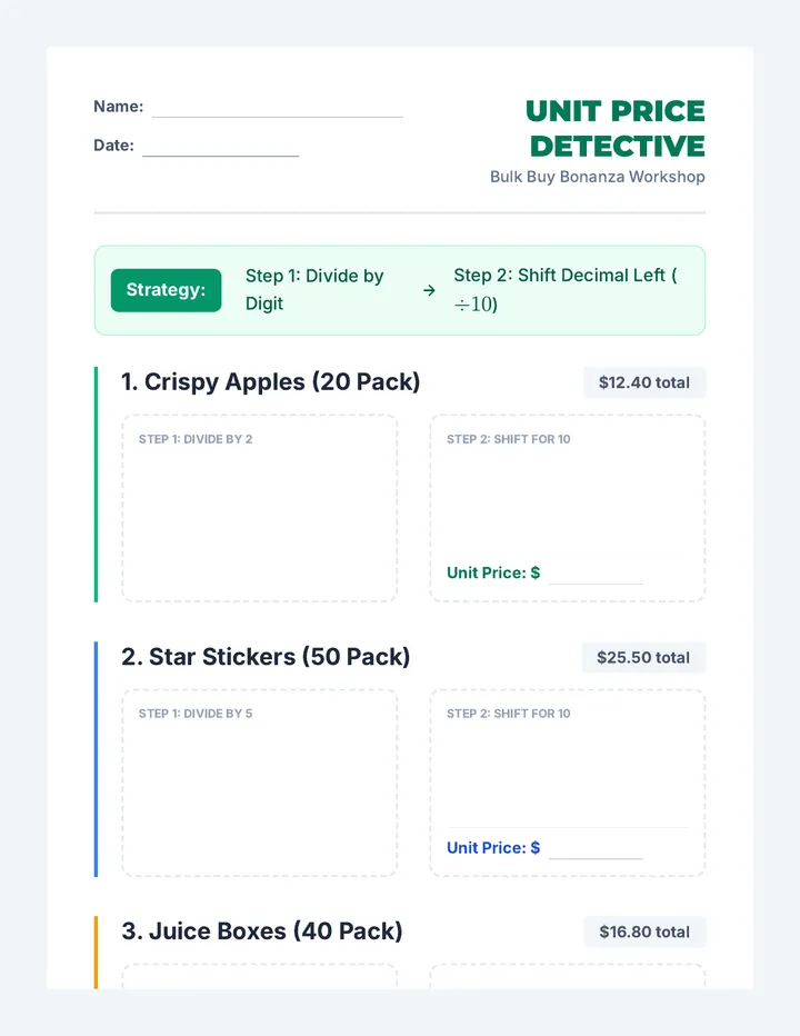 Unit Price Detective Worksheet