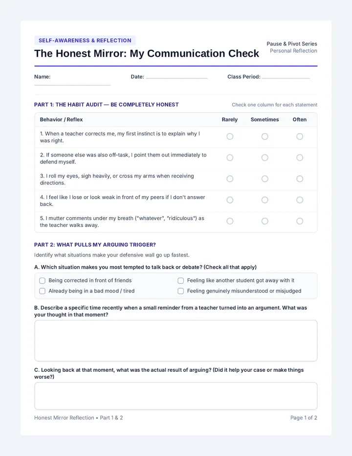 Honest Mirror Reflection Worksheet