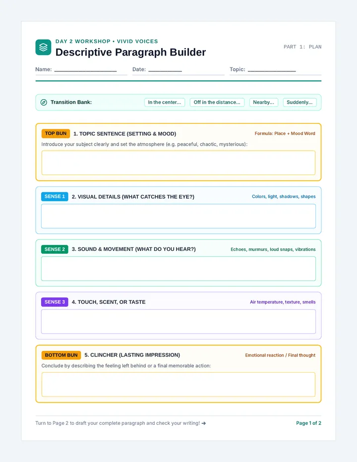 Descriptive Paragraph Builder Worksheet