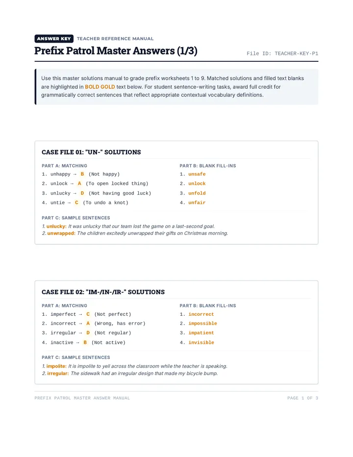 Prefix Patrol Teacher Answer Key