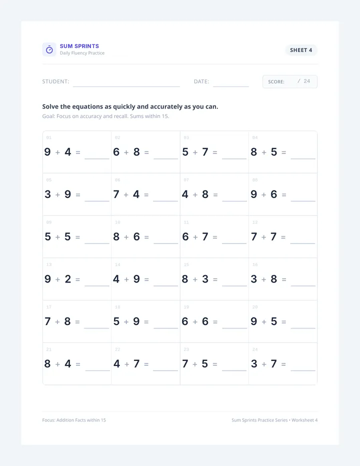 Sum Sprint Worksheet Four