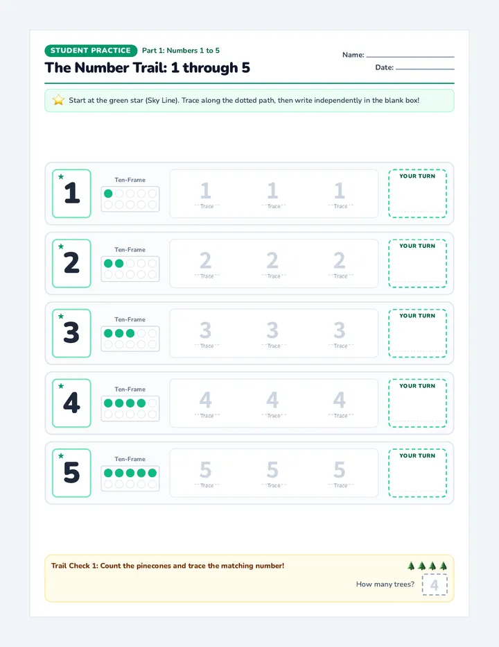 Number Trail 1 to 10 Practice Worksheet