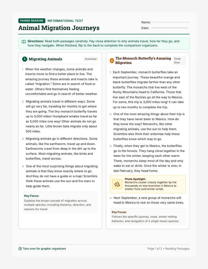 Animal Migration Paired Worksheet