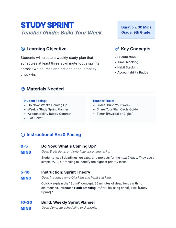 Study Sprint Teacher Guide Lesson Plan